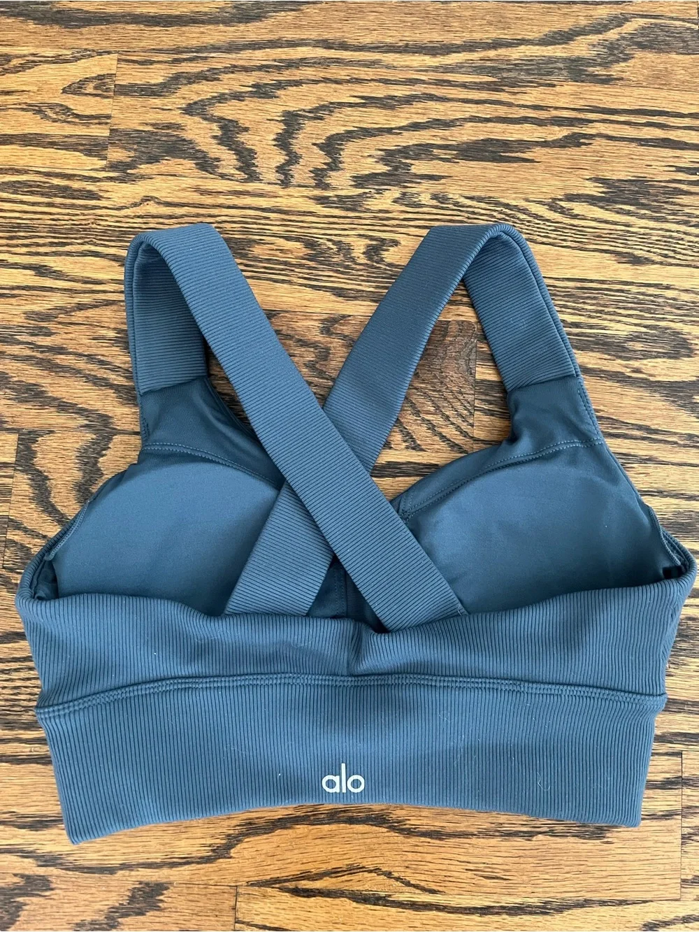 ALO Yoga Ribbed Cross-Strap Sports Bra in Deep Jade Blue “Emulate Bra”
